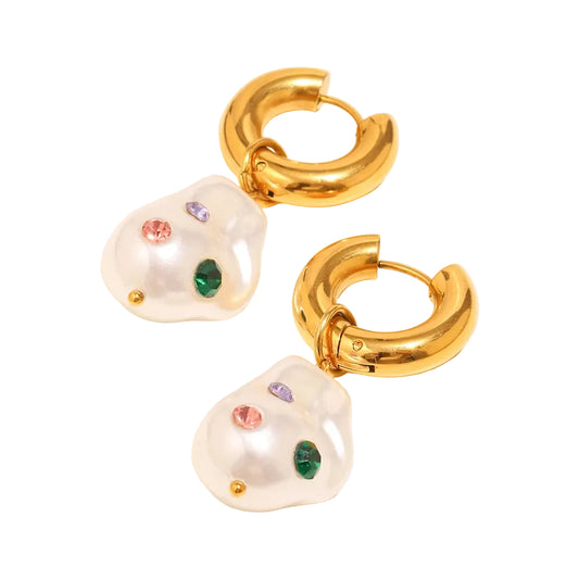 Eb,belle PVD banhado a aço inoxidável colorido strass imitação de pérola pingente brincos para festa estilo elegante joias femininas