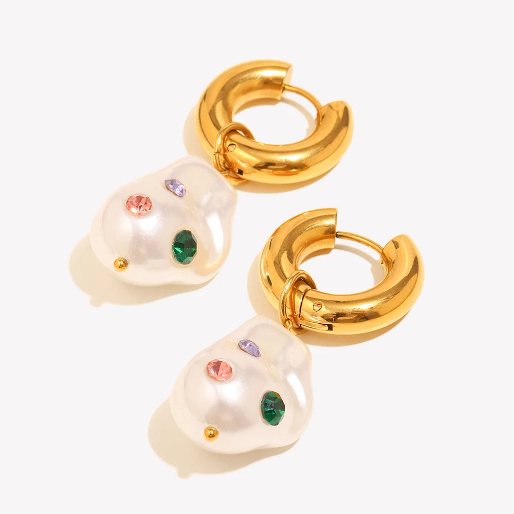 Eb,belle PVD banhado a aço inoxidável colorido strass imitação de pérola pingente brincos para festa estilo elegante joias femininas