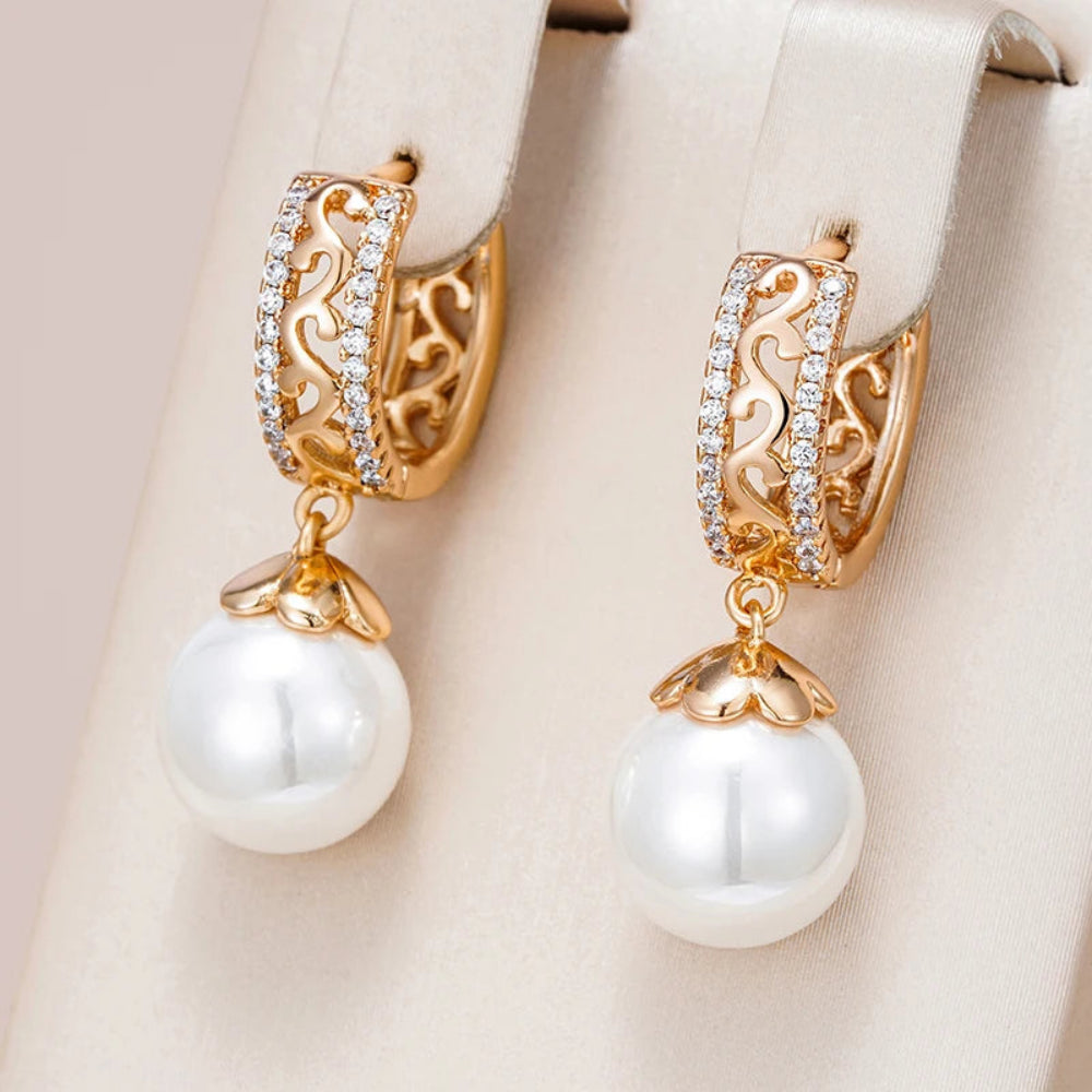 Brincos Luxo 585 Ouro Rosa com Pérolas e Zircão