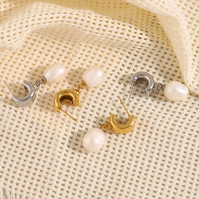 E.B.belle Minailst estilo brilhante em forma de C brincos de pérola banhados a PVD 316L aço inoxidável hipoalergênico festa feminina joias de orelha
