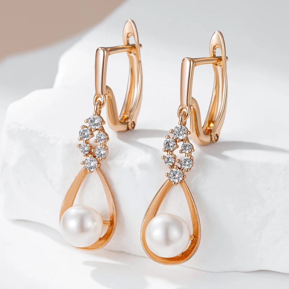 Brincos Longos de Pérola e Zircão em Ouro Rosa 585