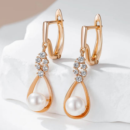 Brincos Longos de Pérola e Zircão em Ouro Rosa 585
