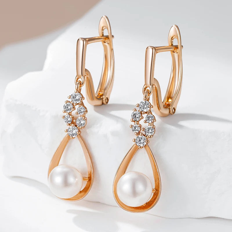 Brincos Longos de Pérola e Zircão em Ouro Rosa 585