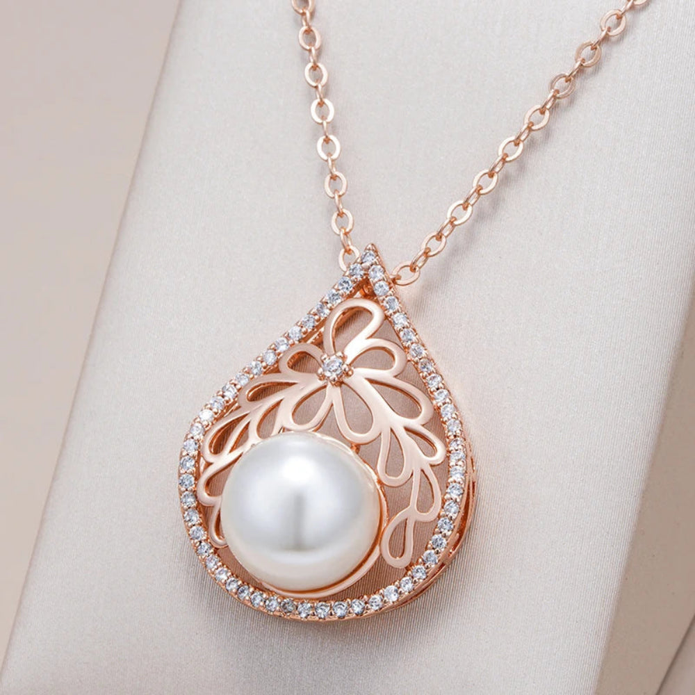 Colar Luxuoso de Pérola e Zircão em Ouro Rosa 585