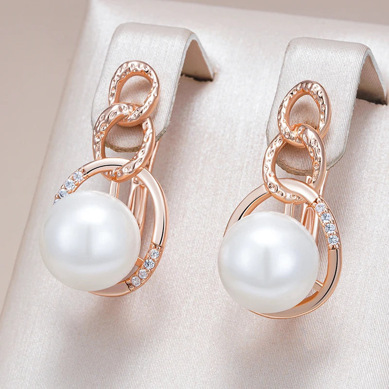 Brincos Geométricos de Pérola com Zircão Natural em Ouro Rosa
