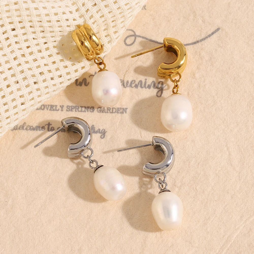 E.B.belle Minailst estilo brilhante em forma de C brincos de pérola banhados a PVD 316L aço inoxidável hipoalergênico festa feminina joias de orelha