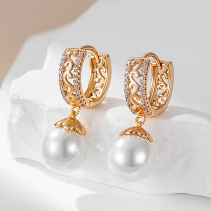 Brincos Luxo 585 Ouro Rosa com Pérolas e Zircão