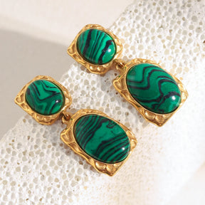 Ebbelle design especial oval malaquita pedra pingente brincos 18k banhado a ouro aço inoxidável feminino jóias de declaração