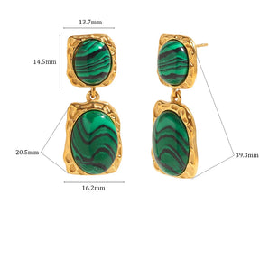 Ebbelle design especial oval malaquita pedra pingente brincos 18k banhado a ouro aço inoxidável feminino jóias de declaração