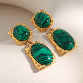 Ebbelle design especial oval malaquita pedra pingente brincos 18k banhado a ouro aço inoxidável feminino jóias de declaração