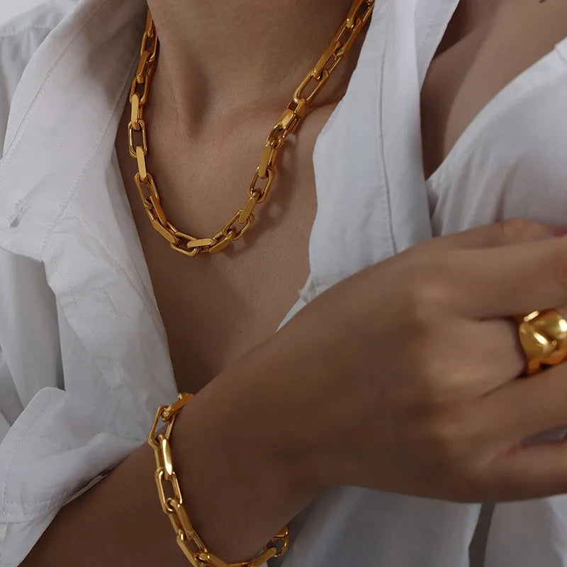 Conjunto de Joias em Aço Inoxidável Banhado a Ouro