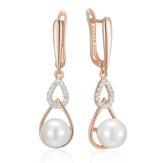 Brincos Longos de Pérola com Ouro Rosa 585 e Zircônia