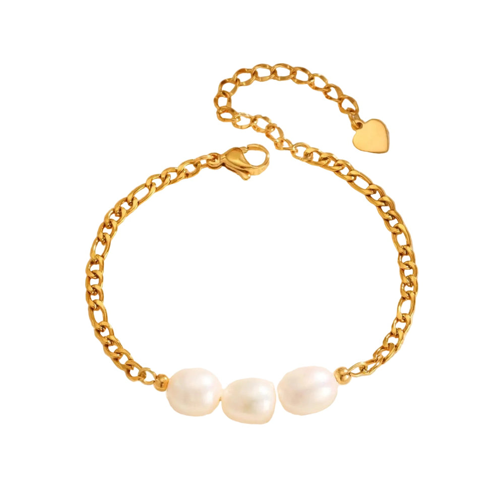 Elegante Pulseira de Pérolas com Corrente Banhada a Ouro 18K
