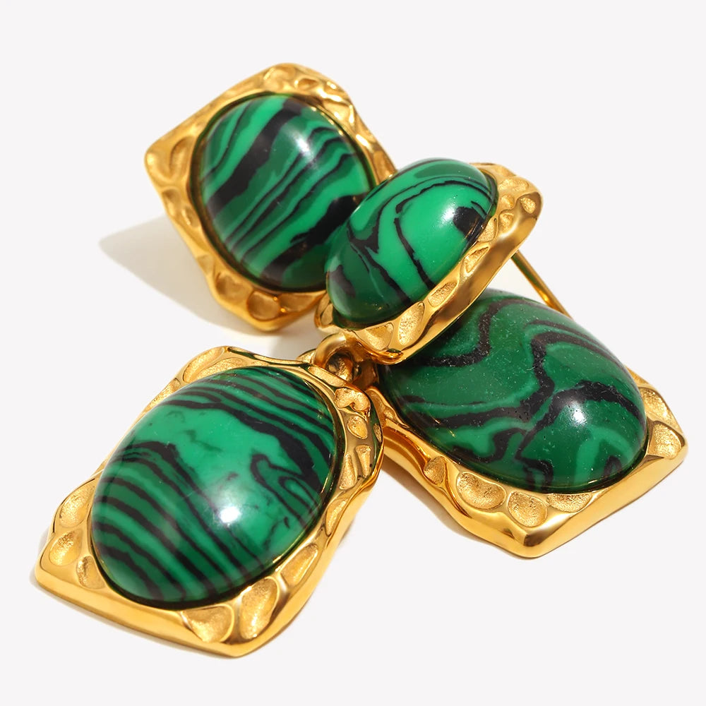 Ebbelle design especial oval malaquita pedra pingente brincos 18k banhado a ouro aço inoxidável feminino jóias de declaração