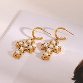 Brincos Cruz Zircão Colorido com Pérola em Ouro 18K