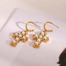 Brincos Cruz Zircão Colorido com Pérola em Ouro 18K