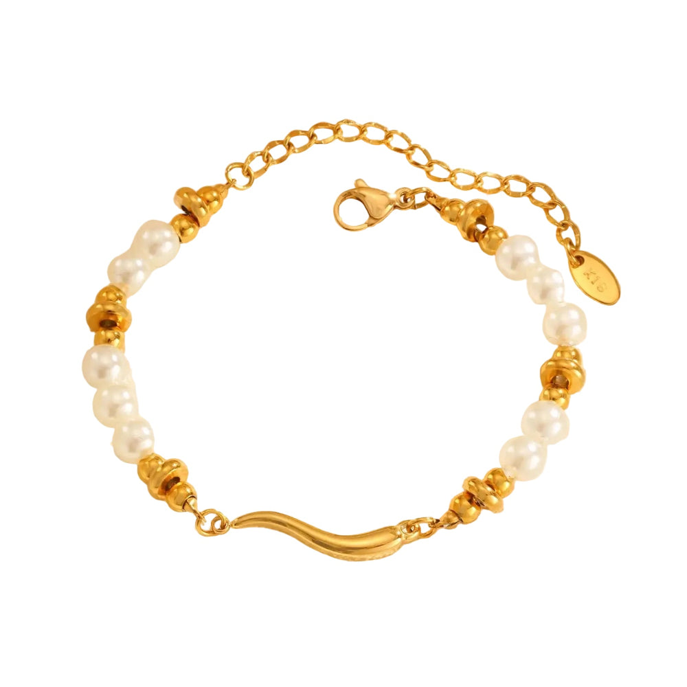 Elegante Pulseira de Pérolas com Corrente Banhada a Ouro 18K