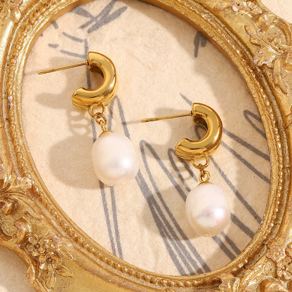 E.B.belle Minailst estilo brilhante em forma de C brincos de pérola banhados a PVD 316L aço inoxidável hipoalergênico festa feminina joias de orelha