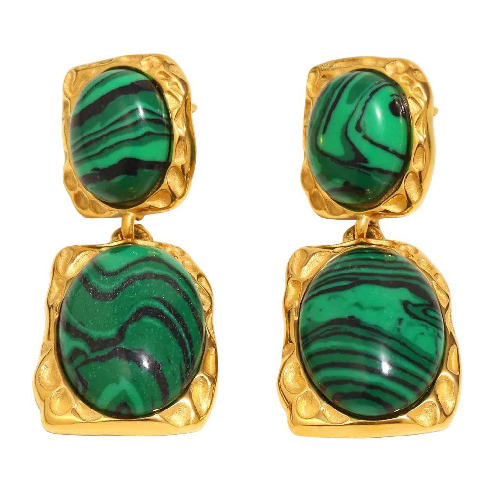 Ebbelle design especial oval malaquita pedra pingente brincos 18k banhado a ouro aço inoxidável feminino jóias de declaração