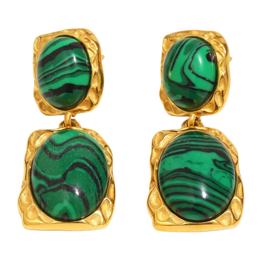 Ebbelle design especial oval malaquita pedra pingente brincos 18k banhado a ouro aço inoxidável feminino jóias de declaração
