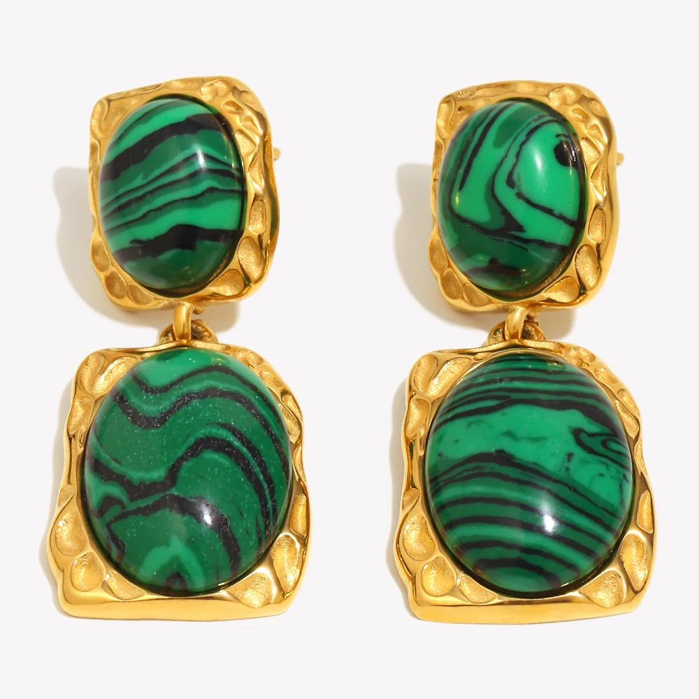 Ebbelle design especial oval malaquita pedra pingente brincos 18k banhado a ouro aço inoxidável feminino jóias de declaração