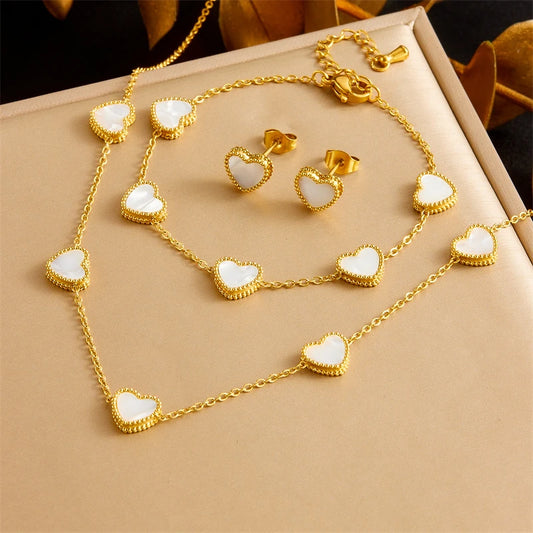 Conjunto Elegante de Joias em Aço Inoxidável com Coração Branco
