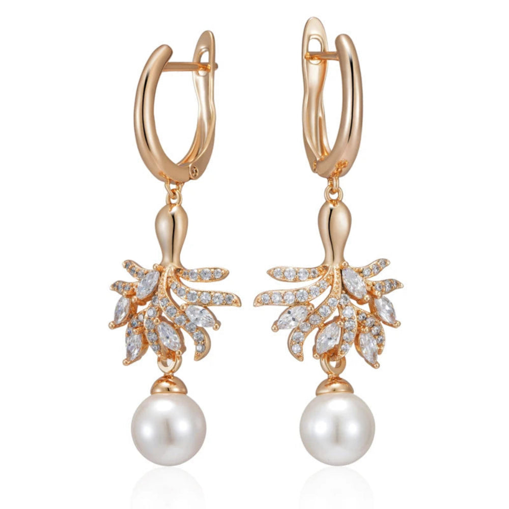 Brincos Florais Pérola com Zircão Natural em Ouro Rosa