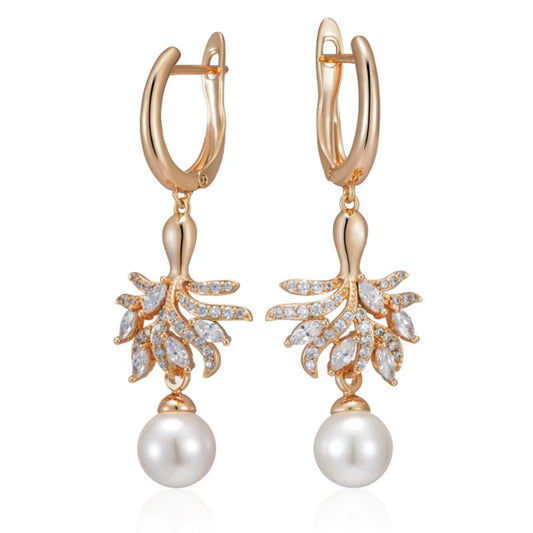 Brincos Florais Pérola com Zircão Natural em Ouro Rosa