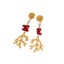 Brincos Elegantes de Coral Vermelho e Pérola