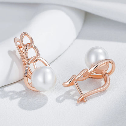 Brincos Geométricos de Pérola com Zircão Natural em Ouro Rosa