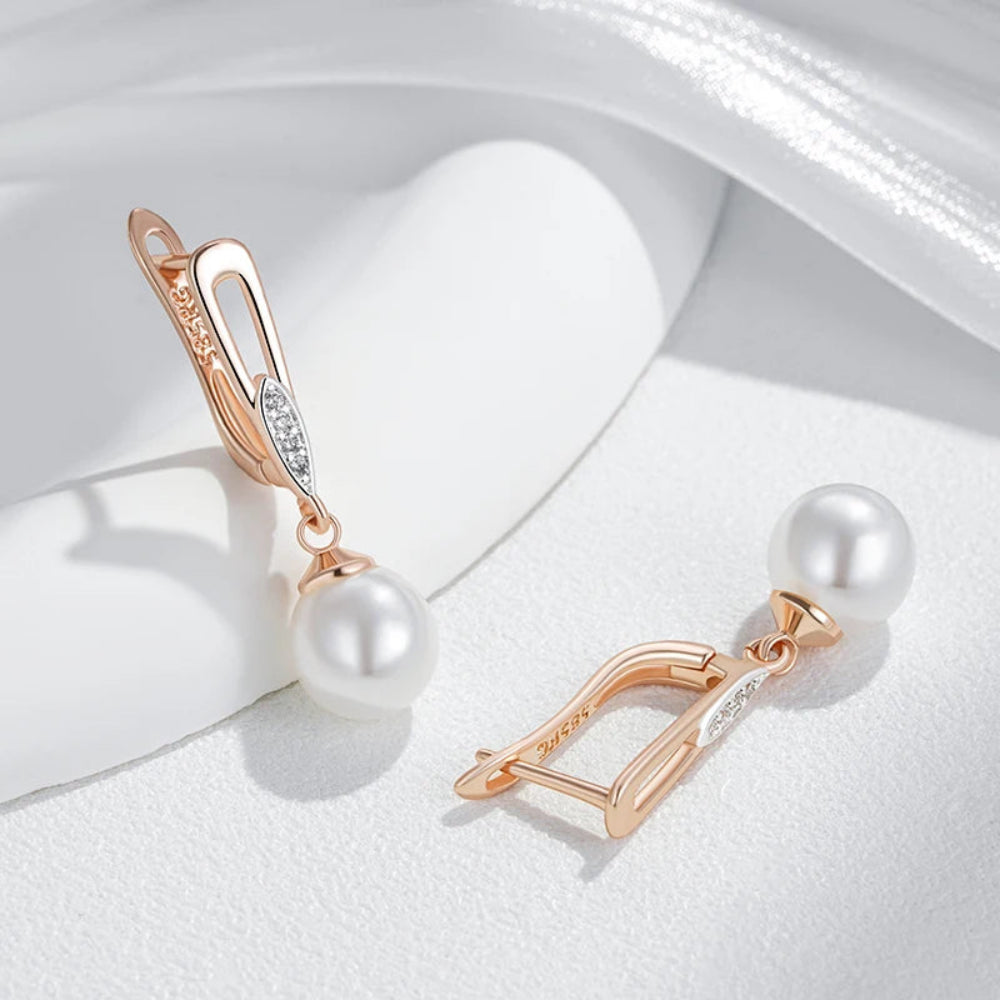 Brincos Geométricos de Pérola Luxo Ouro Rosa 585