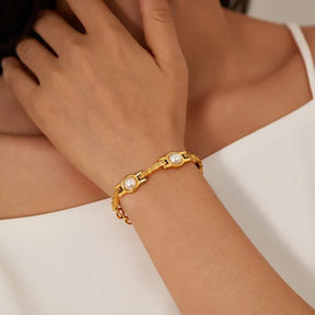 Uworld vintage pérola corrente pulseira 18k banhado a ouro aço inoxidável pérola empilhável pulseira jóias femininas