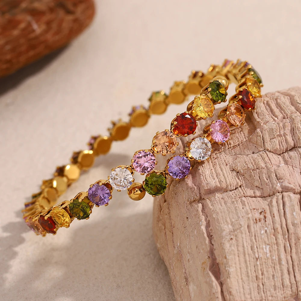 Pulseira Luxuosa de Zircão Multicolorido Banhada a Ouro
