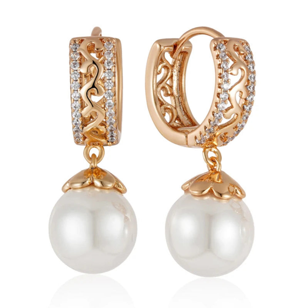 Brincos Luxo 585 Ouro Rosa com Pérolas e Zircão