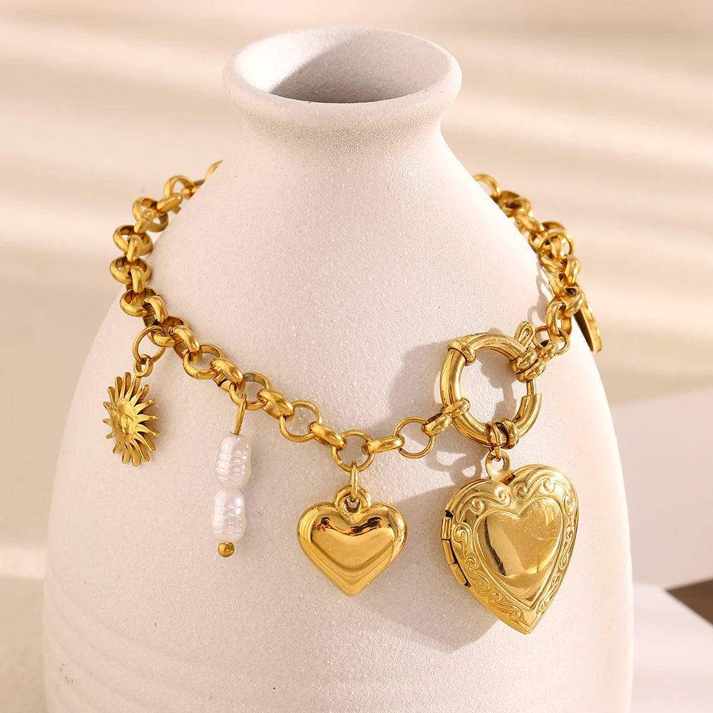 Ebbelle exclusivo redondo primavera fivela sol coração foto caixa pingente pulseira pvd banhado a aço inoxidável moda feminina chique jóias