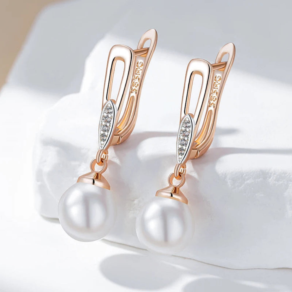 Brincos Geométricos de Pérola Luxo Ouro Rosa 585