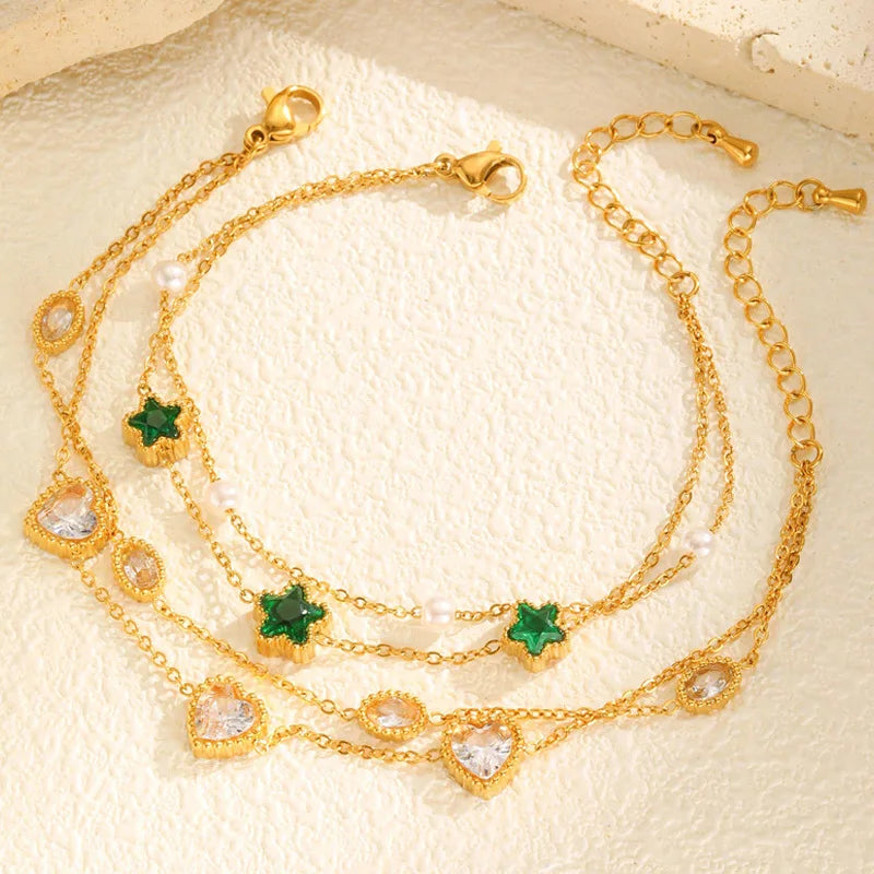 Pulseira de Zircônia Estrela e Coração em Camadas