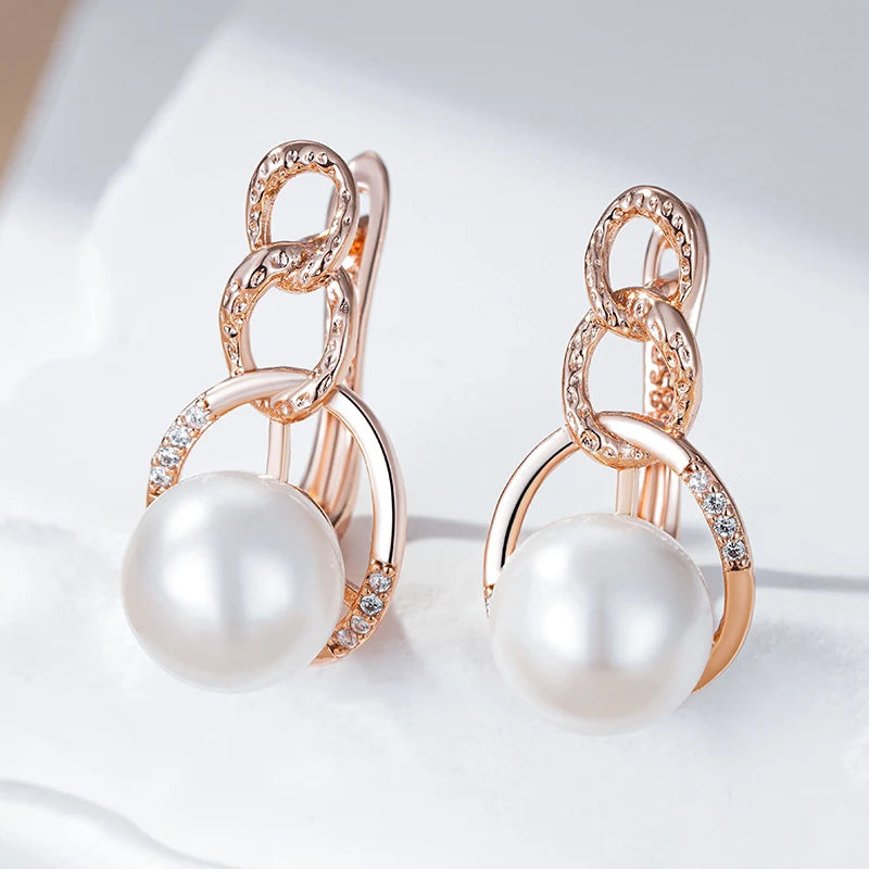 Brincos Geométricos de Pérola com Zircão Natural em Ouro Rosa