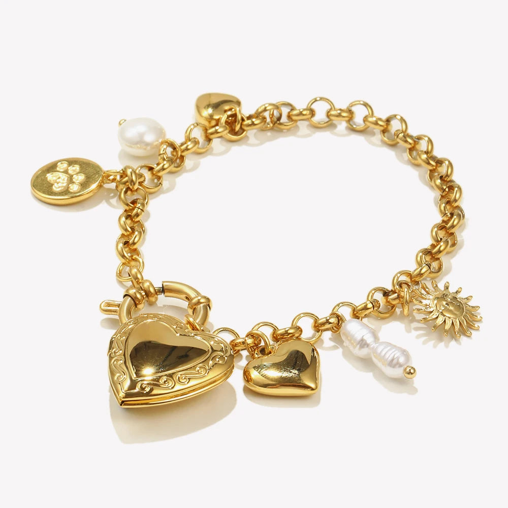 Ebbelle exclusivo redondo primavera fivela sol coração foto caixa pingente pulseira pvd banhado a aço inoxidável moda feminina chique jóias