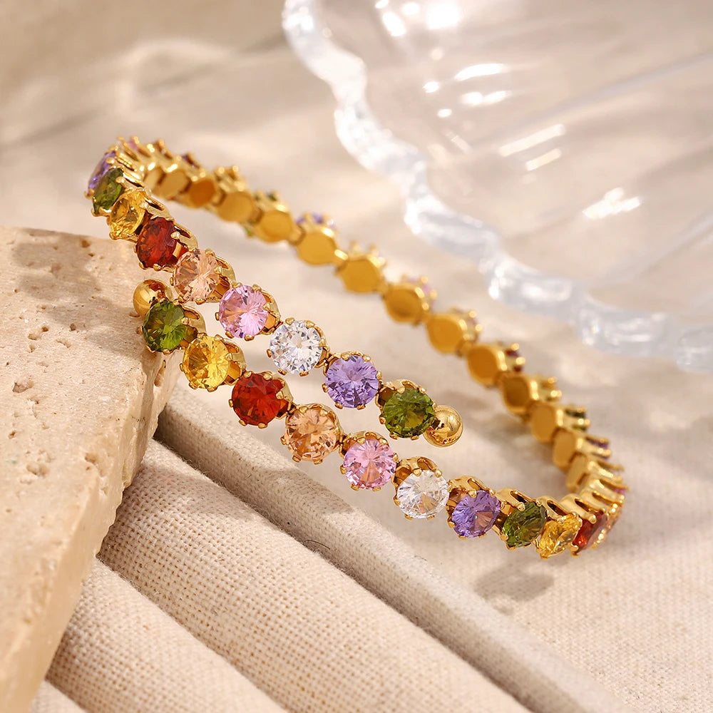 Pulseira Luxuosa de Zircão Multicolorido Banhada a Ouro