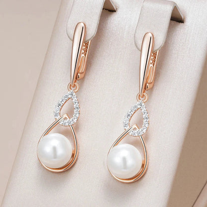 Brincos Longos de Pérola com Ouro Rosa 585 e Zircônia