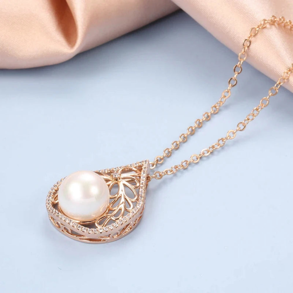 Colar Luxuoso de Pérola e Zircão em Ouro Rosa 585