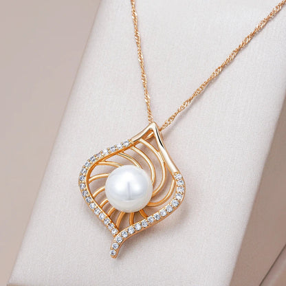 Colar Pingente Luxo Rose Gold Pérola e Zircão