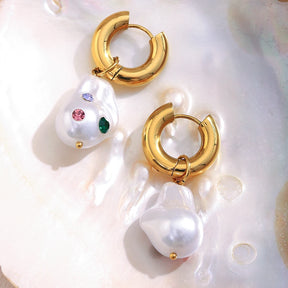 Eb,belle PVD banhado a aço inoxidável colorido strass imitação de pérola pingente brincos para festa estilo elegante joias femininas