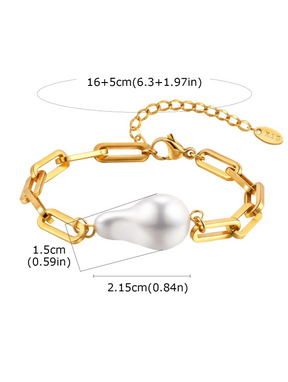 Elegante Pulseira de Pérolas com Corrente Banhada a Ouro 18K