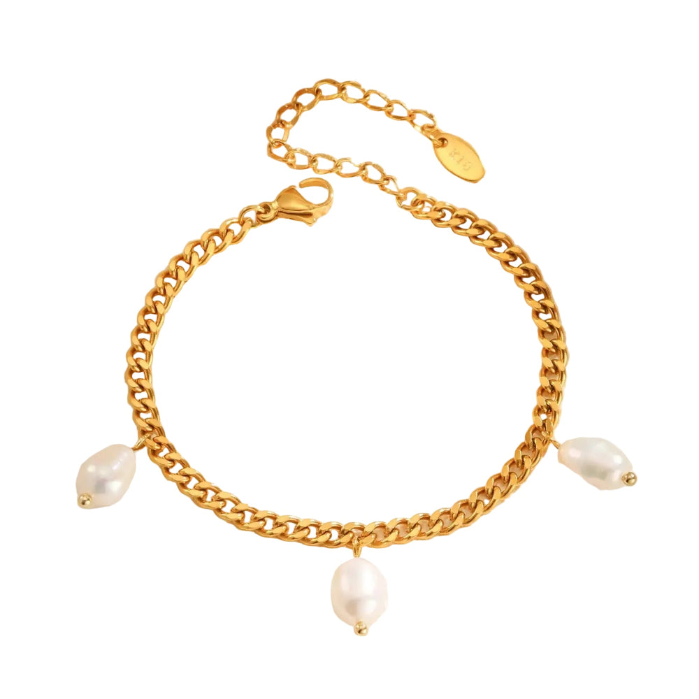 Elegante Pulseira de Pérolas com Corrente Banhada a Ouro 18K