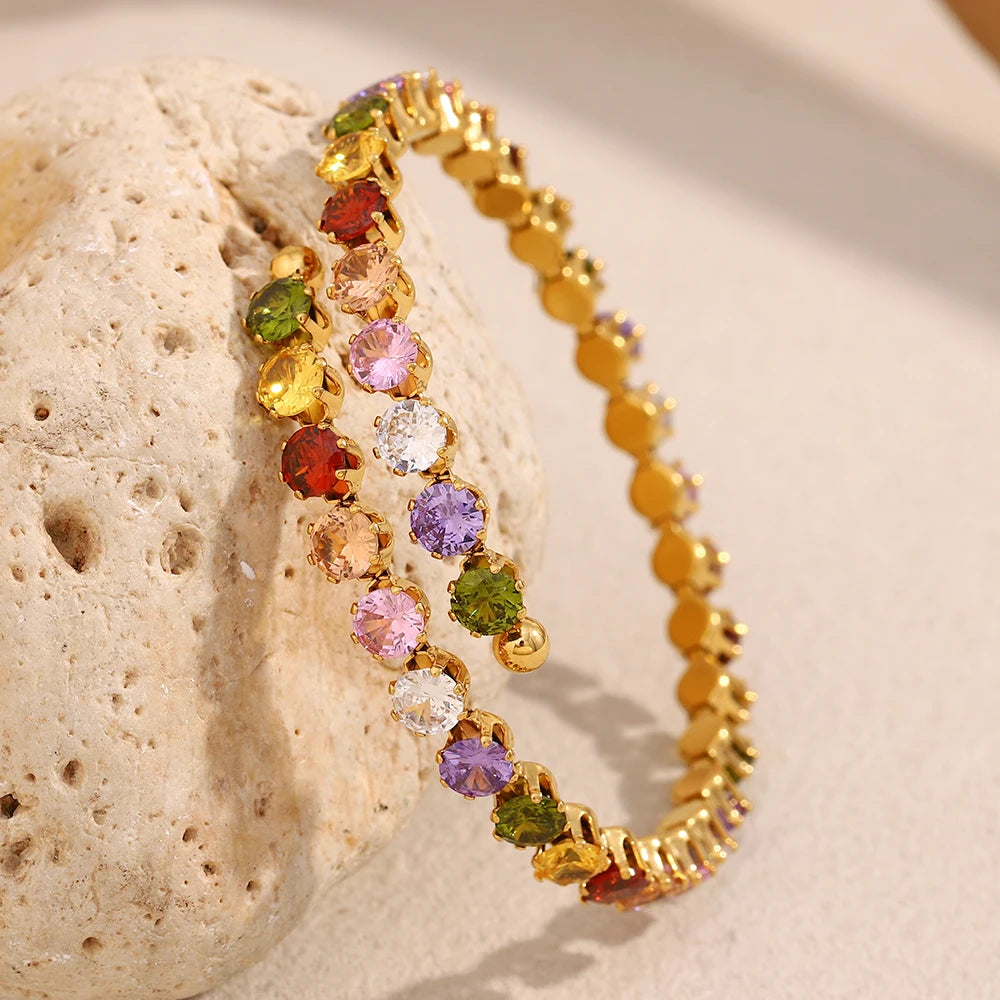 Pulseira Luxuosa de Zircão Multicolorido Banhada a Ouro