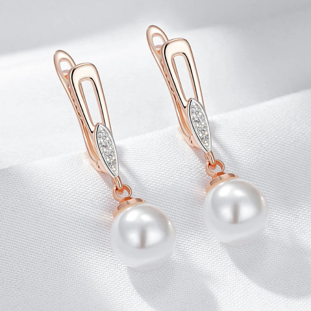 Brincos Geométricos de Pérola Luxo Ouro Rosa 585